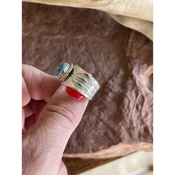 Navajo Sterling Silver Turquoise Cigar Band Ring - Picture 3 of 11